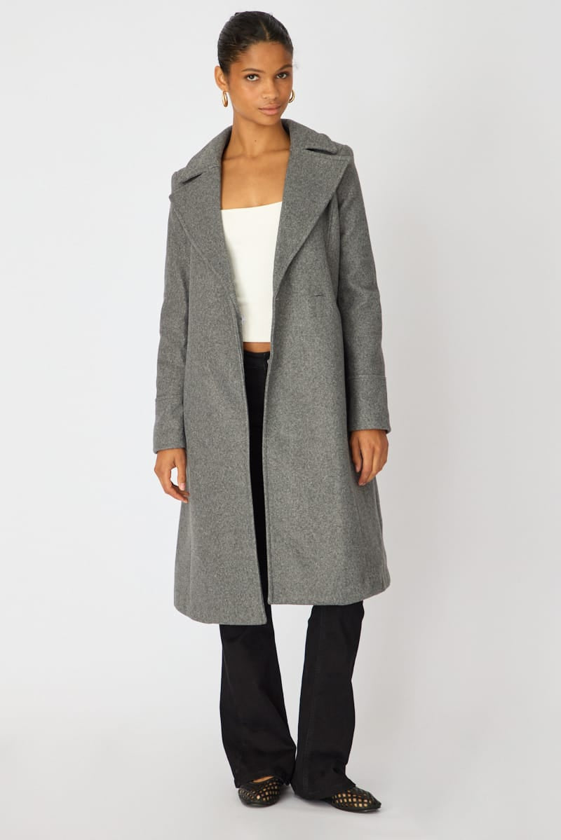 Grey Belted Coat Knee Length Long Sleeve