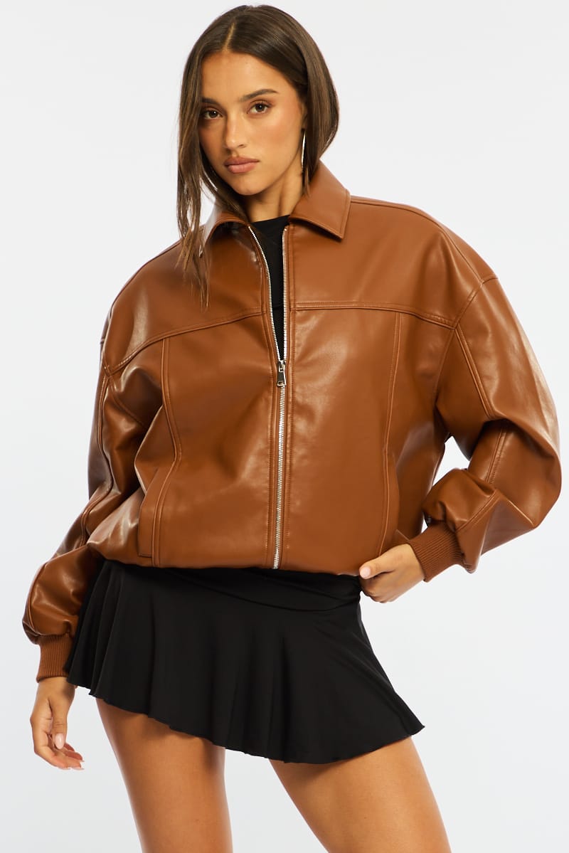Beige Bomber Jacket Faux Leather
