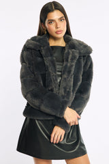 Grey Faux Fur Jacket With Lapel Collar