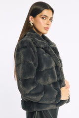 Grey Faux Fur Jacket With Lapel Collar