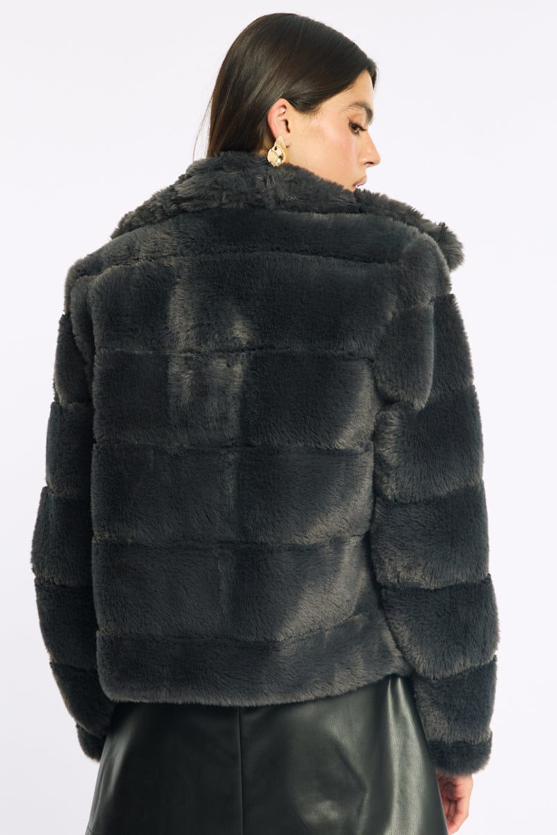Grey Faux Fur Jacket With Lapel Collar
