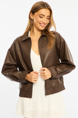Brown Bomber Jacket Faux Leather