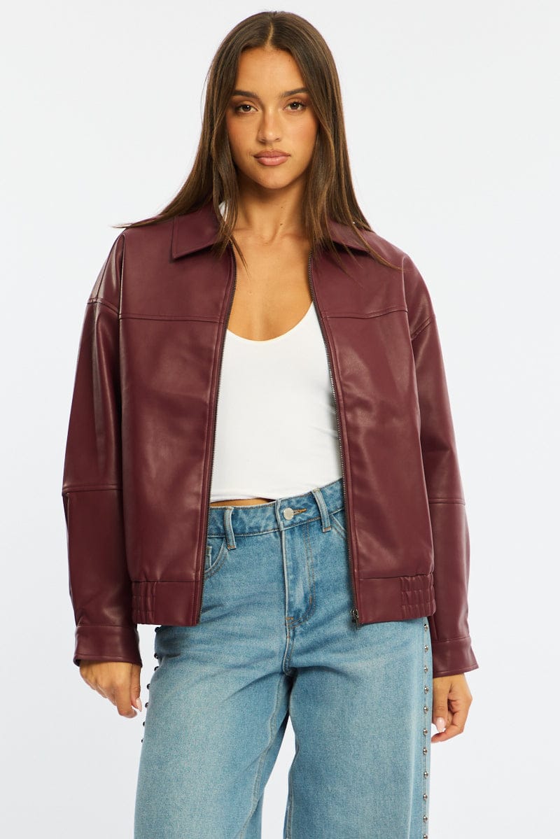 Red Bomber Jacket Faux Leather