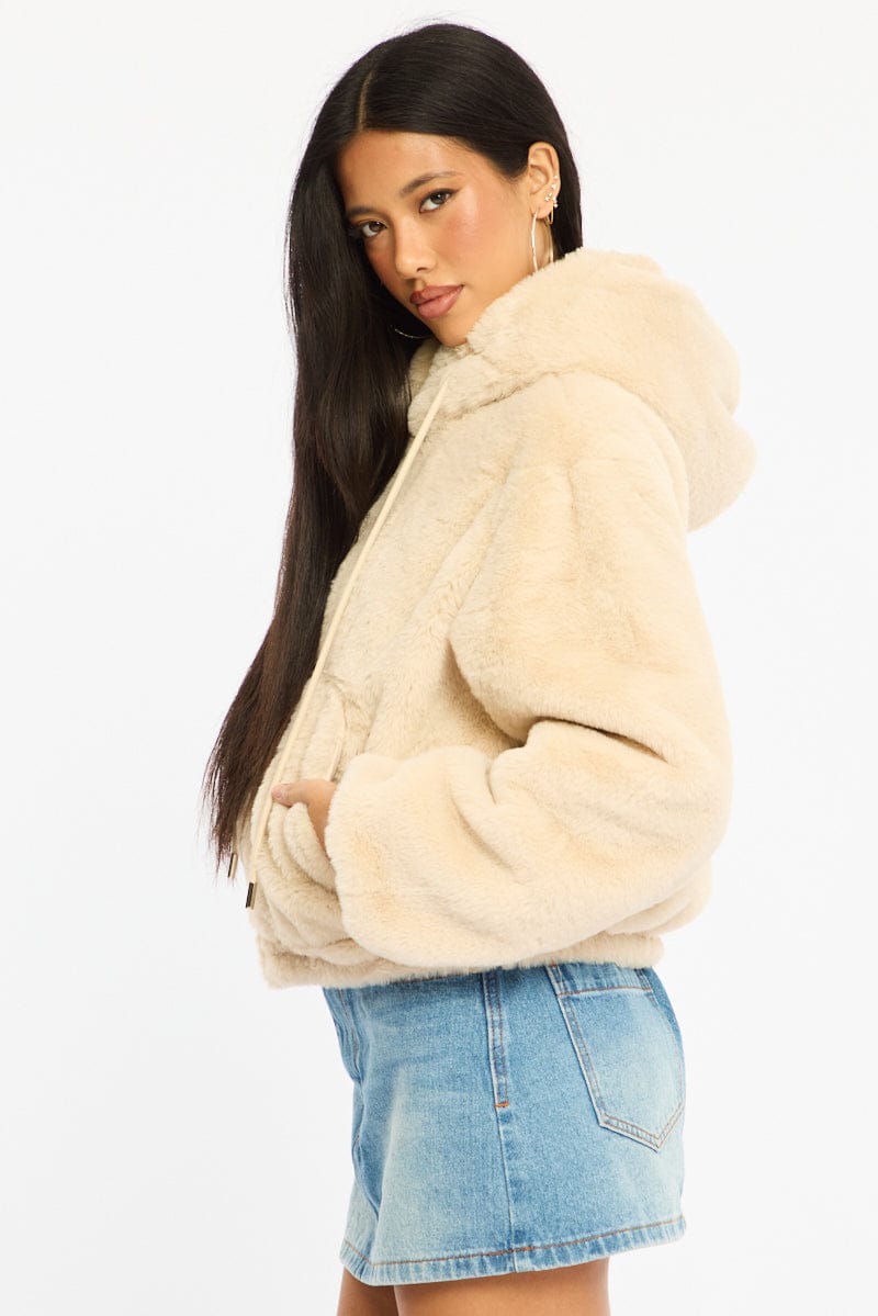 Beige Faux Fur Jacket Hoodie