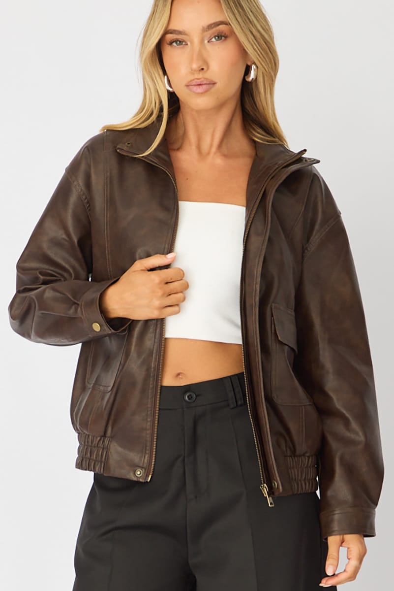 Brown Bomber Jacket Washed Faux Leather