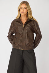 Brown Bomber Jacket Washed Faux Leather