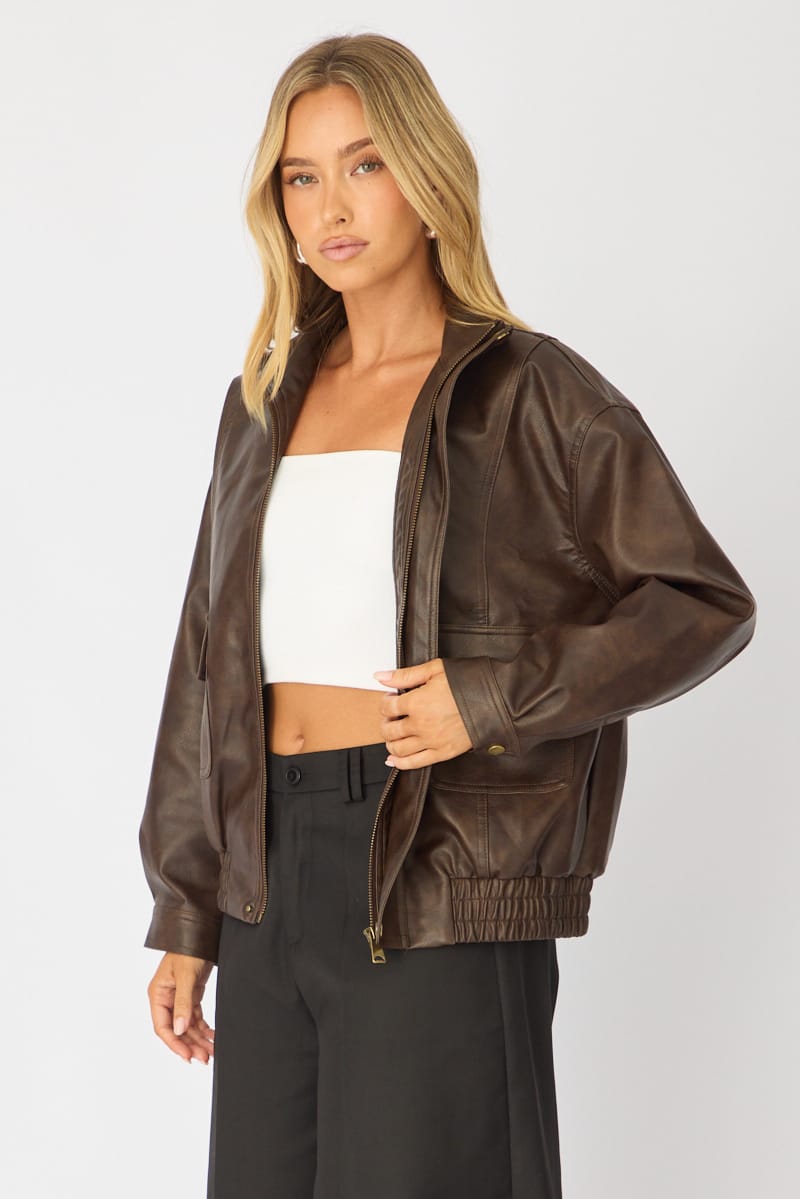 Brown Bomber Jacket Washed Faux Leather
