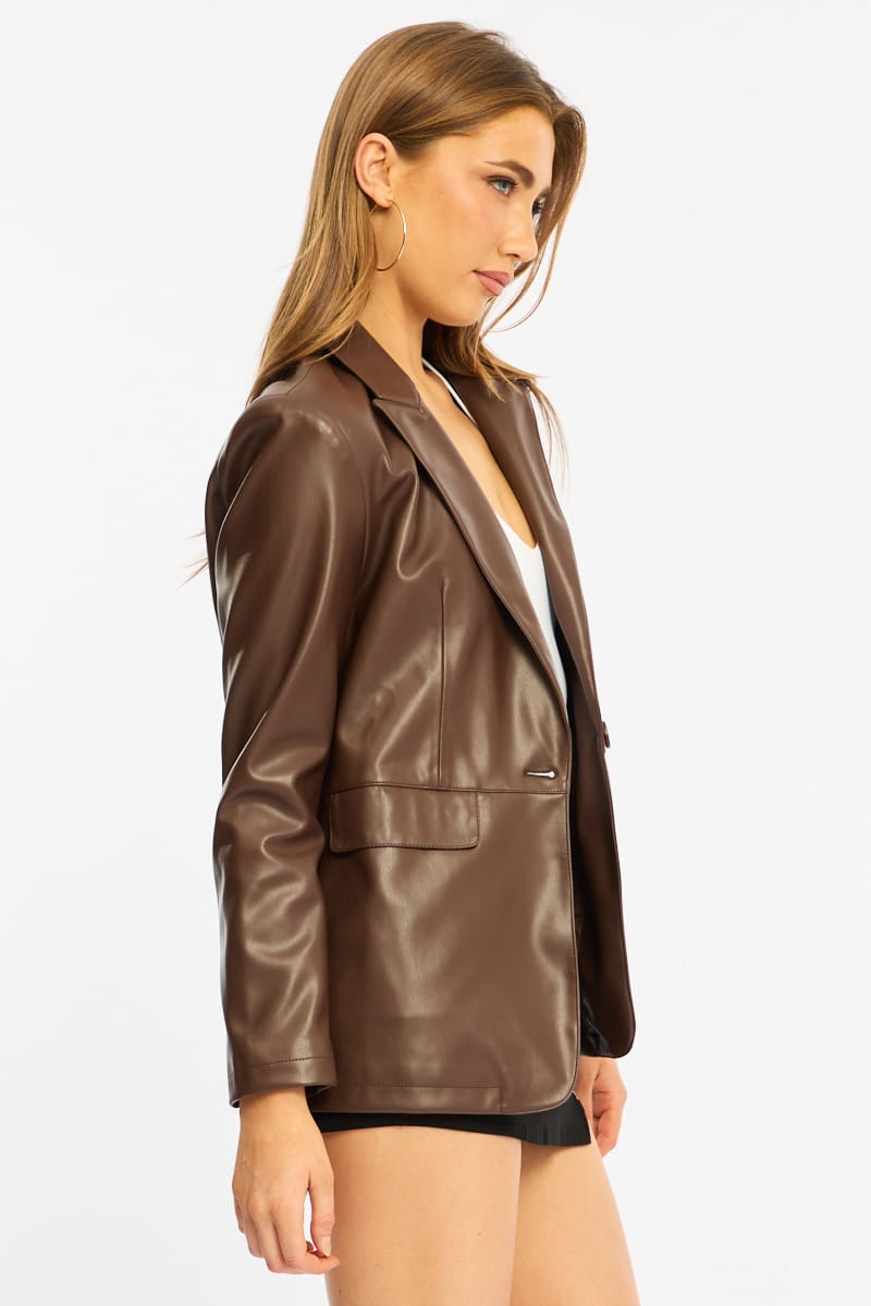 Brown Oversized Blazer Faux Leather