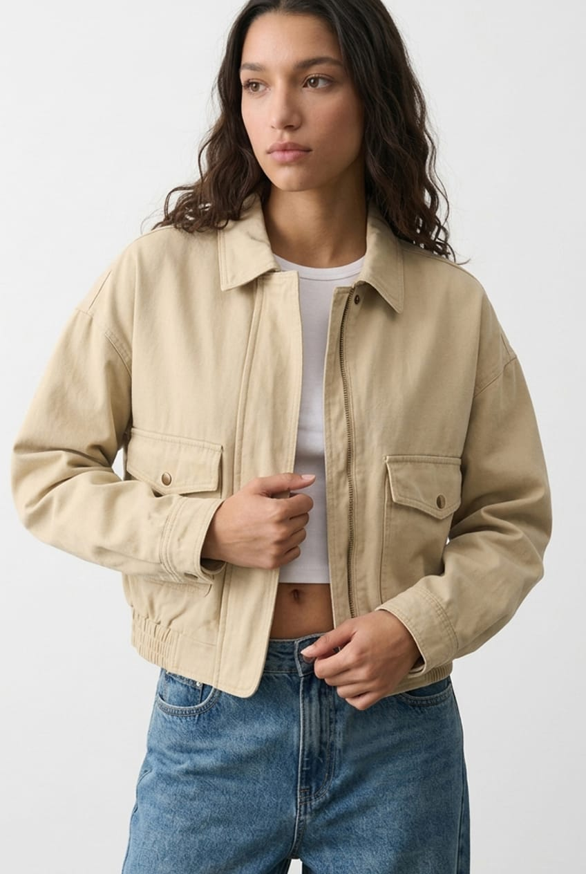 Beige Bomber Jacket Twill