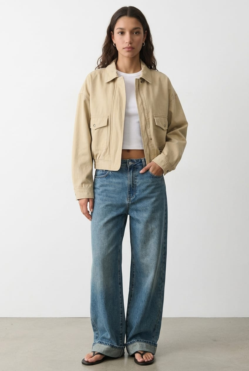 Beige Bomber Jacket Twill