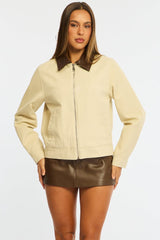 Beige Worker Jacket Faux Leather Collar