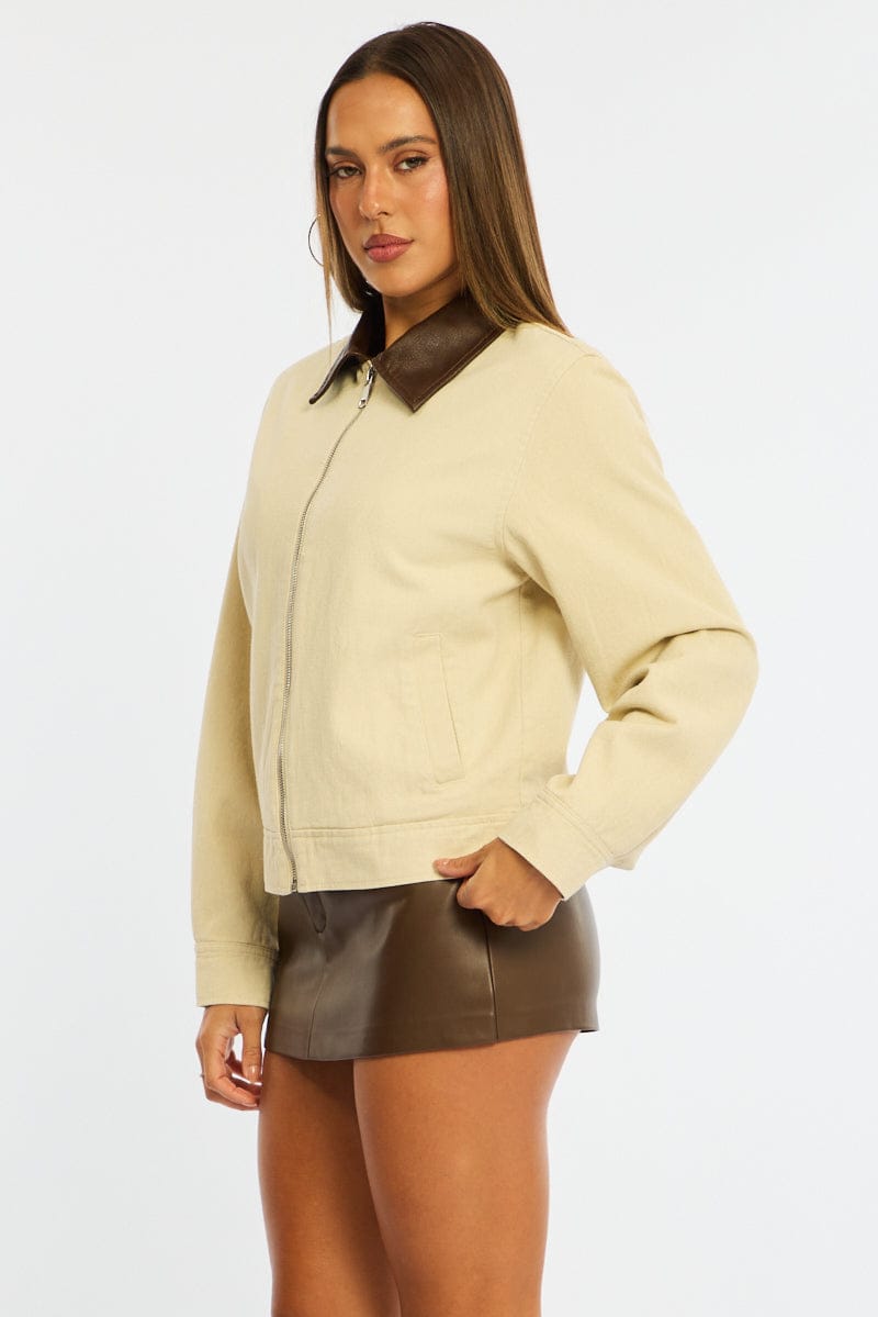 Beige Worker Jacket Faux Leather Collar