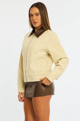 Beige Worker Jacket Faux Leather Collar