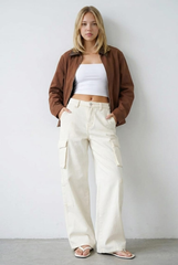 Brown Worker Jacket Faux Leather Collar