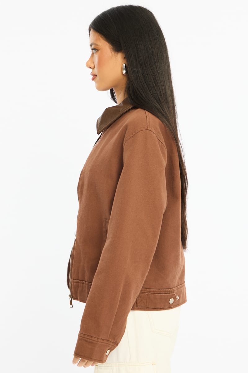 Brown Worker Jacket Faux Leather Collar