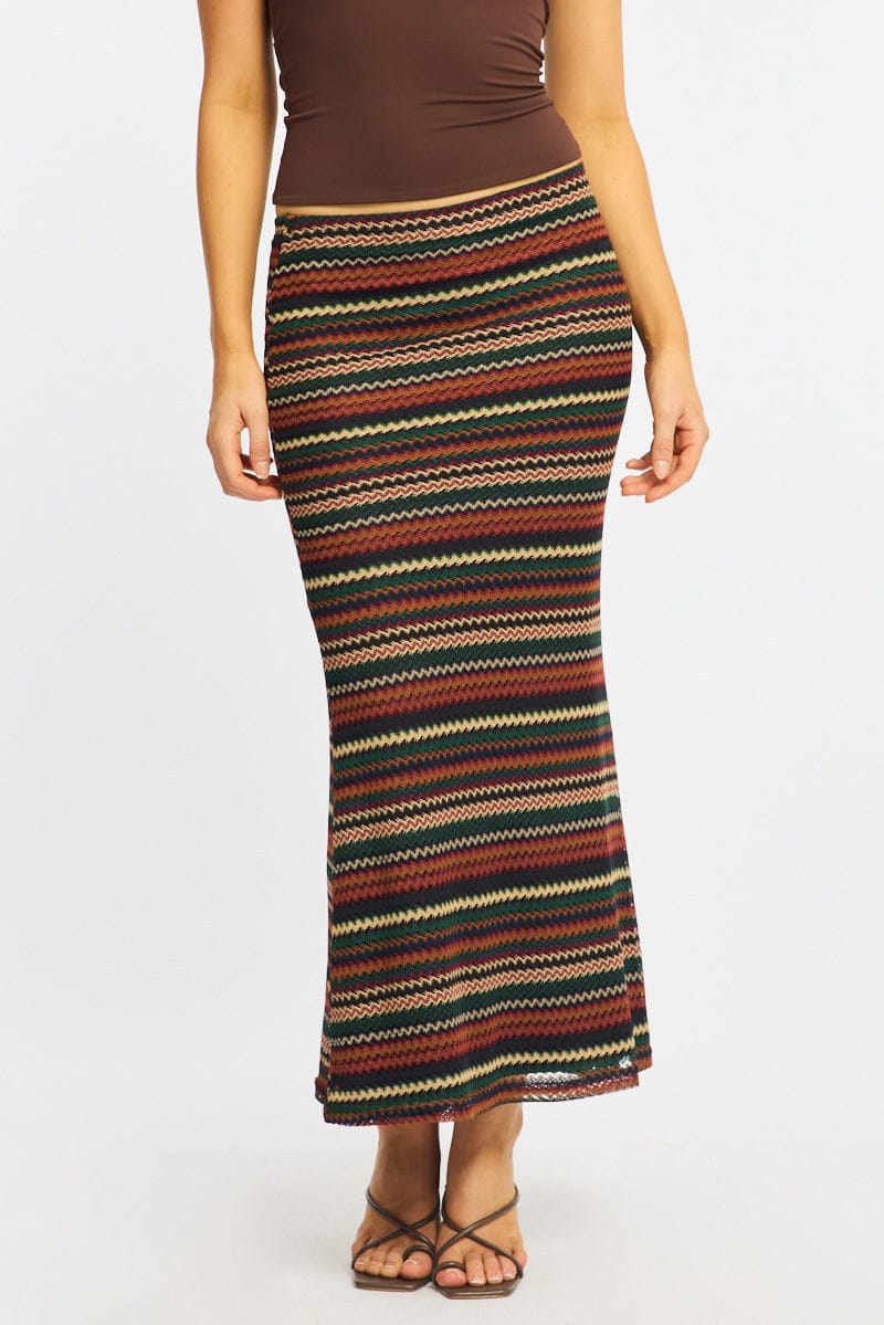 Multi Stripe Maxi Skirt Elasticated Waist Fit & Flare