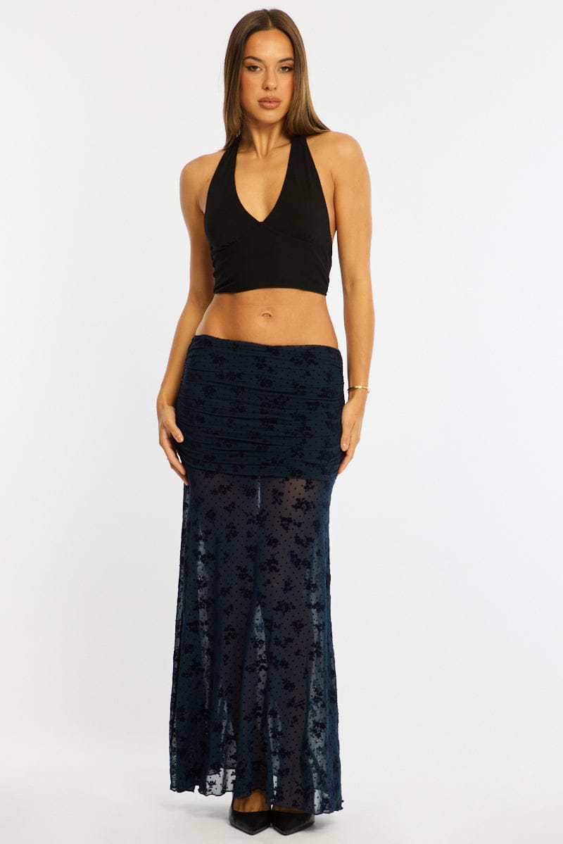 Blue Maxi Skirt High Waisted Fit & Flare Burnout