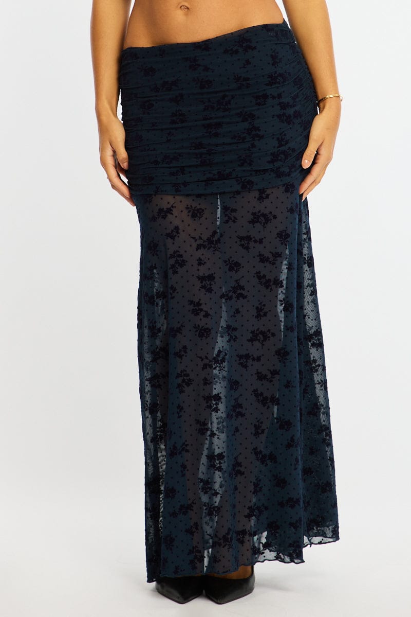 Blue Maxi Skirt High Waisted Fit & Flare Burnout