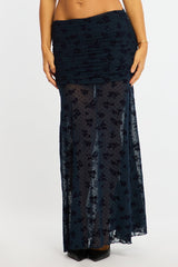 Blue Maxi Skirt High Waisted Fit & Flare Burnout