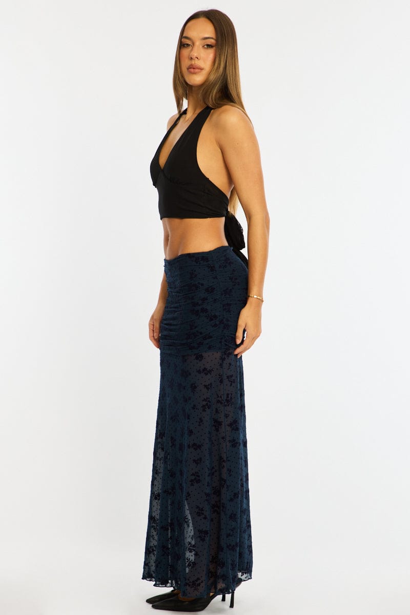 Blue Maxi Skirt High Waisted Fit & Flare Burnout