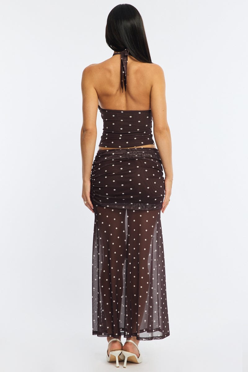 Brown Polka Dot Maxi Skirt Elastic Waist Gathered Fit & Flare Mesh
