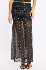 Black Polka Dot Maxi Skirt Elastic Waist Gathered Fit & Flare Mesh