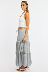 Blue Check Tiered Maxi Skirt Elastic Waist Lined