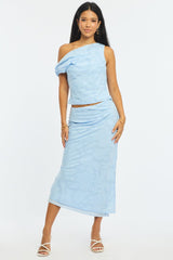 Blue Maxi Skirt High Rise Textured Lined