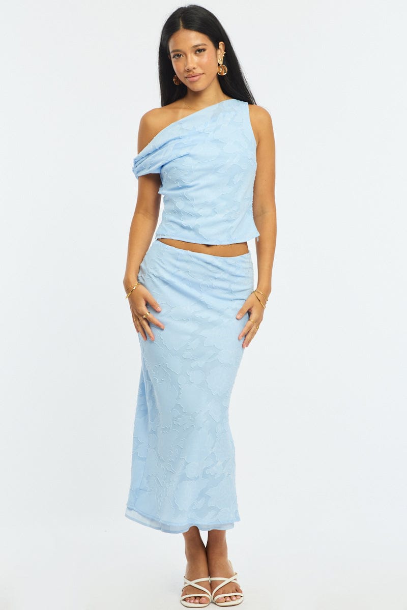 Blue Maxi Skirt High Rise Textured Lined