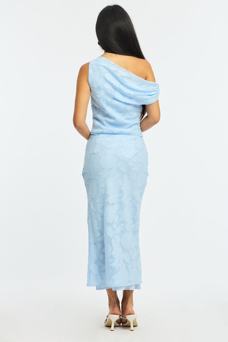Blue Maxi Skirt High Rise Textured Lined
