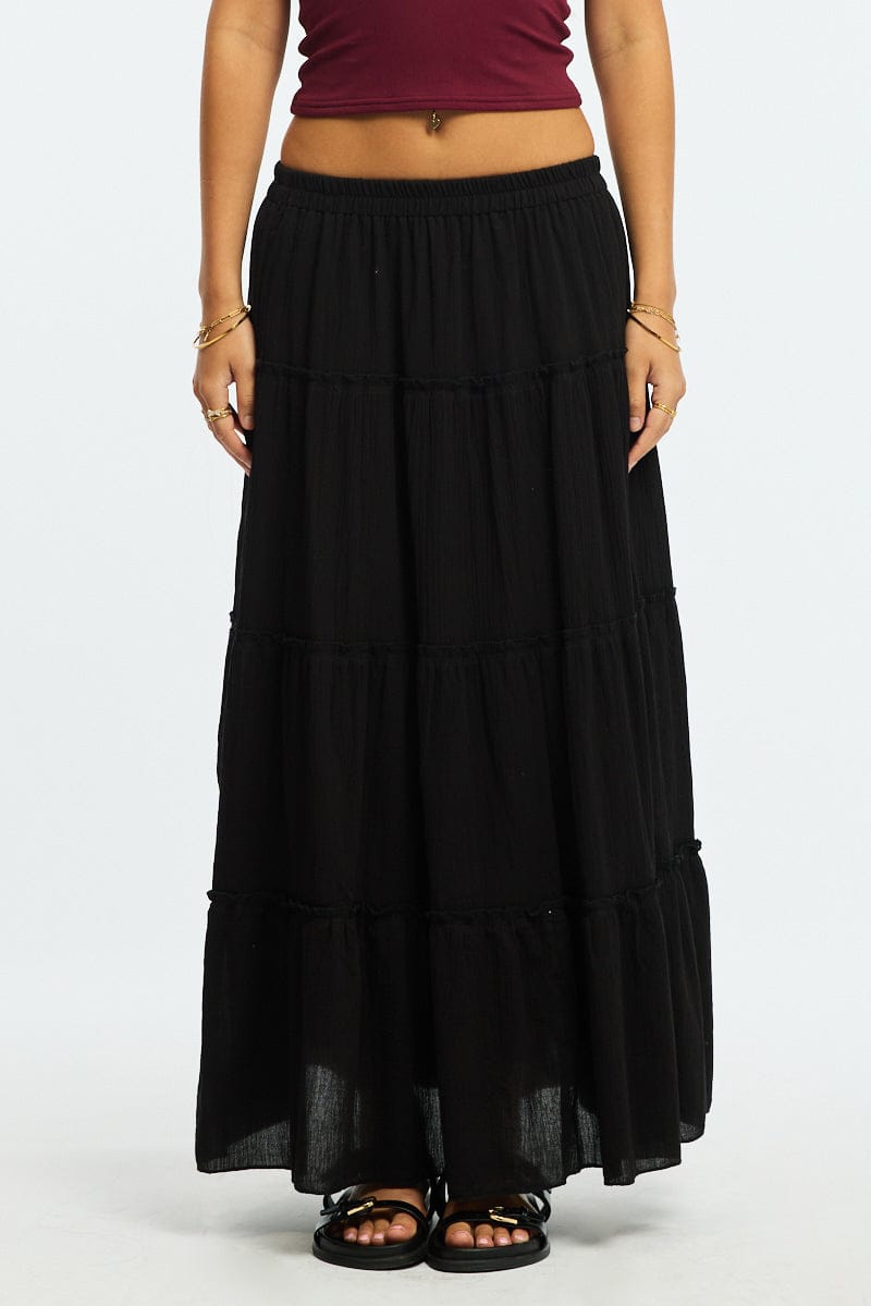 Black Midi Skirt Tiered High Rise Lined Textured Cotton