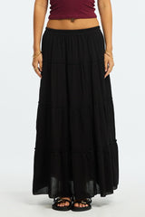Black Midi Skirt Tiered High Rise Lined Textured Cotton