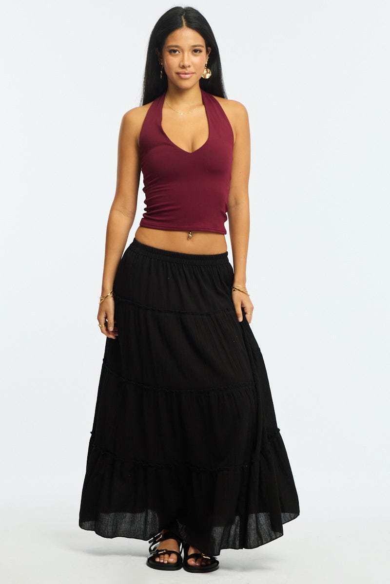 Black Midi Skirt Tiered High Rise Lined Textured Cotton