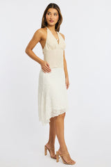 White Lace Midi Skirt Mid Rise Textured Lined