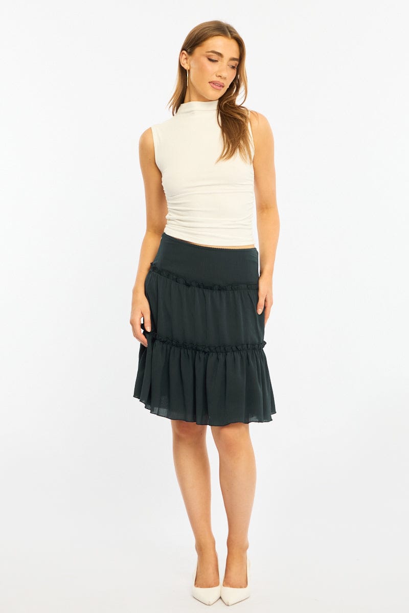 Blue Tiered Midi Skirt Mid Rise Textured