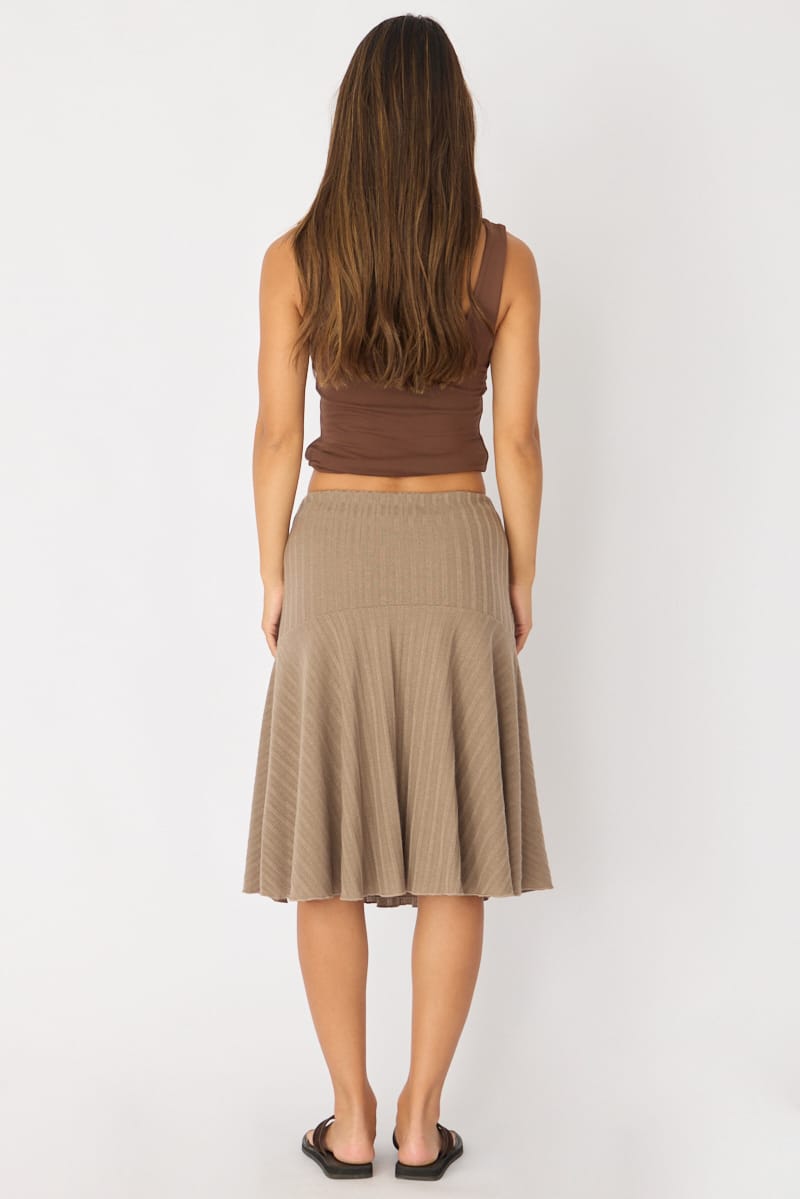 Brown Midi Skirt Elastic Waist Jacquard Rib Knit Lined