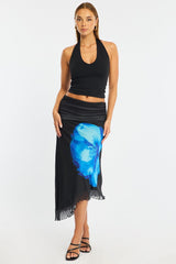 Blue Floral Scarf Hem Midi Skirt Elastic Waist Placement Print