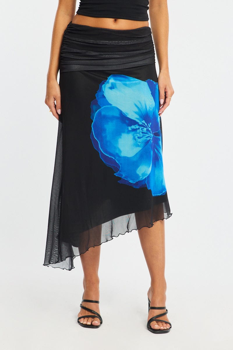 Blue Floral Scarf Hem Midi Skirt Elastic Waist Placement Print