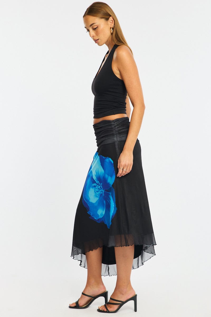 Blue Floral Scarf Hem Midi Skirt Elastic Waist Placement Print