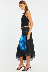 Blue Floral Scarf Hem Midi Skirt Elastic Waist Placement Print