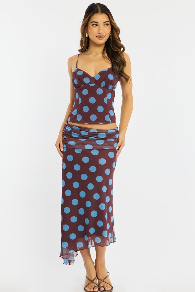 Brown Polka Dot Scarf Hem Midi Skirt Elastic Waist