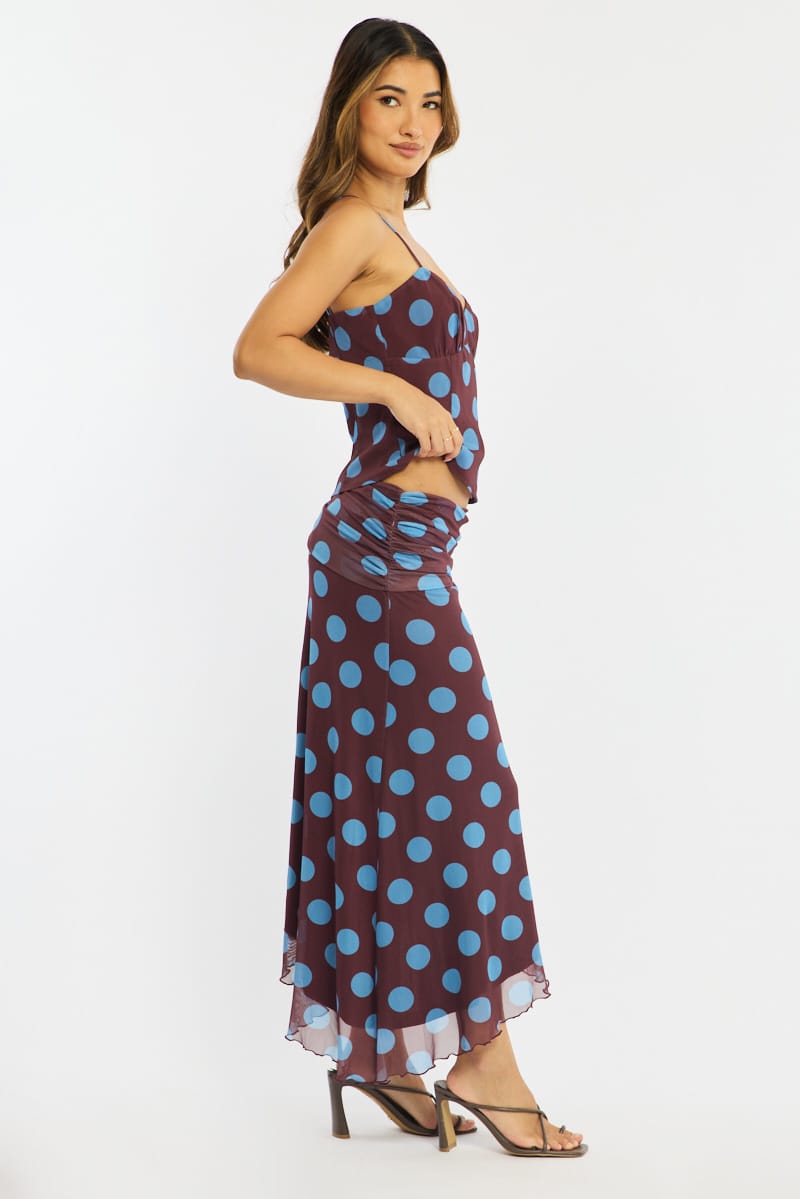 Brown Polka Dot Scarf Hem Midi Skirt Elastic Waist