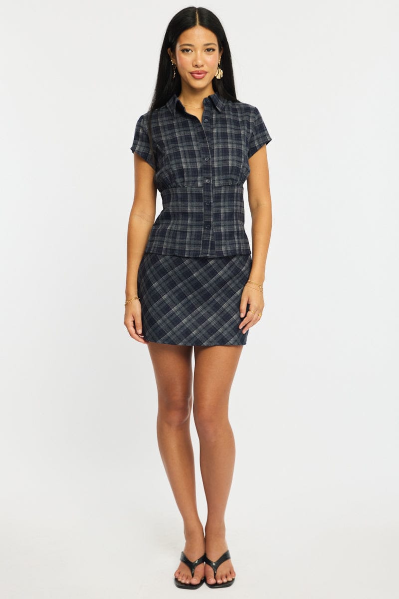 Blue Check Mini Skort Skirt Mid Rise A-line Shorts Lined